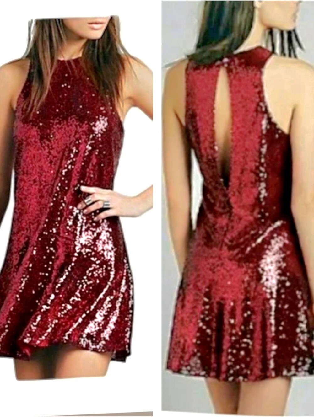 Free People Liquid Shine Red Sequin High Neck Open Back Mini Dress Burgundy